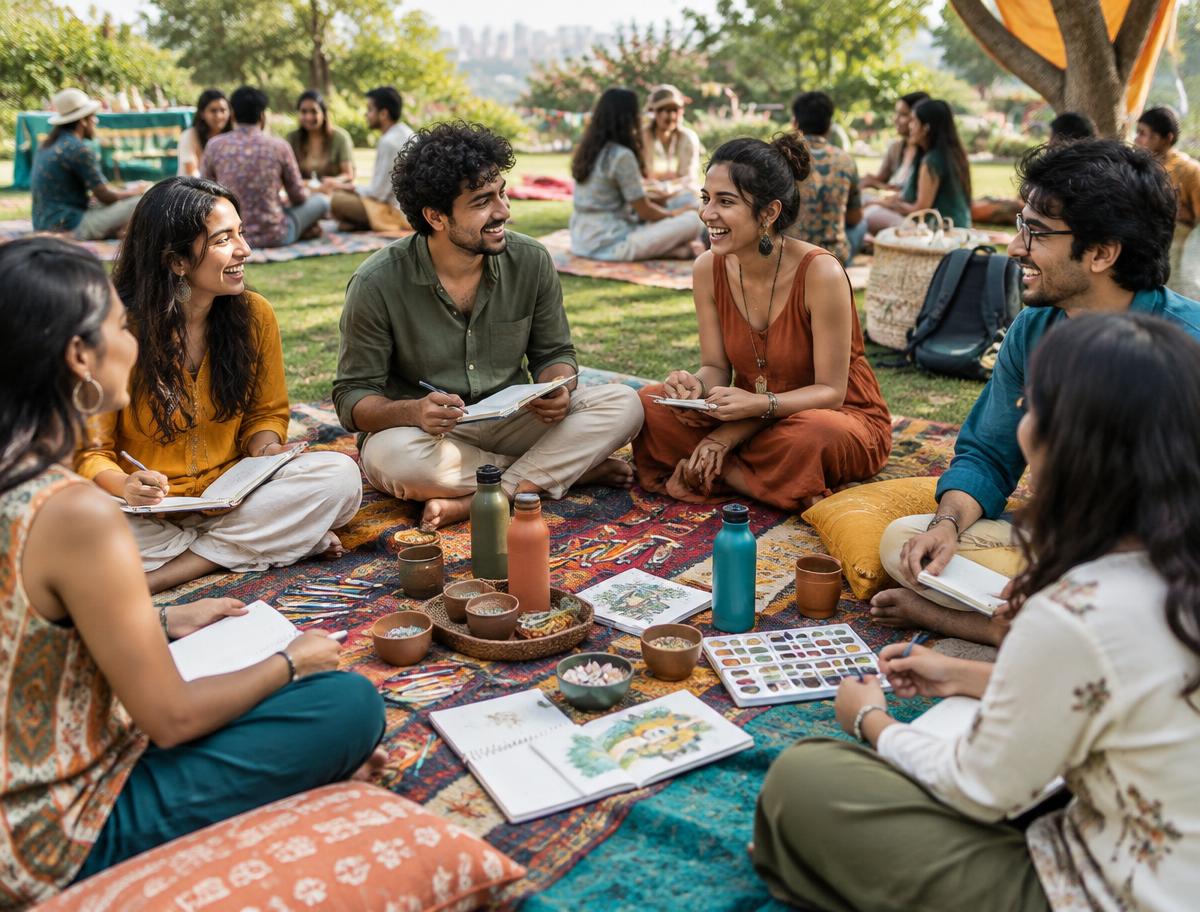 A colorful community picnic with new friends creating together